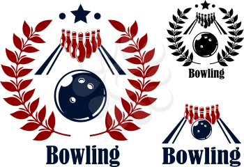 Bowling emblems and symbols set with a bowling ball and alley with the pins in the background in three variants with and without circular laurel wreaths