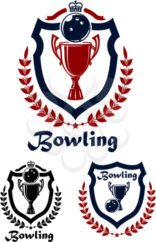 Bowling sport emblems and icons with trophy, laurel wreath and crown for sporting design