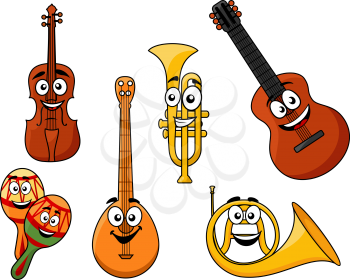 Set of musical instruments with smiling happy faces including a violin, banjo, rattles, horn, guitar and brass trumpet
