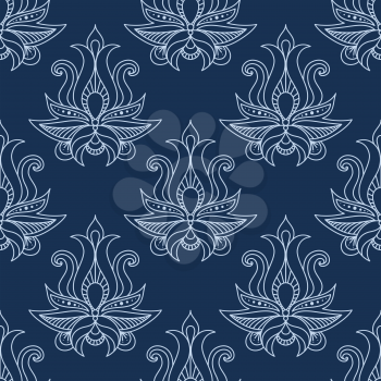 Seamless white colored floral paisley pattern in damask style motifs suitable for wallpaper, tiles and fabric design in square format isolated over blue colored background