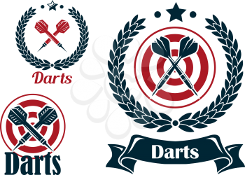 Three different darts emblems or badges with a set of crossed darts with a dart board or laurel wreath and text below - Darts - one in a ribbon banner