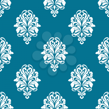 Seamless bold white floral arabesque pattern in damask style motifs suitable for wallpaper, tiles and fabric design isolated over cyan colored background