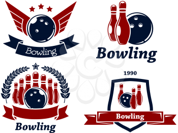 Bowling themed emblems and icons in red and navy blue with ball, ninepins, laurel wreath, wings, ribbons and text for leisure or sports design