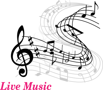 Live Music poster template with a clef, staff and music notes curling into the distance and text Live Music in pink with copyspace