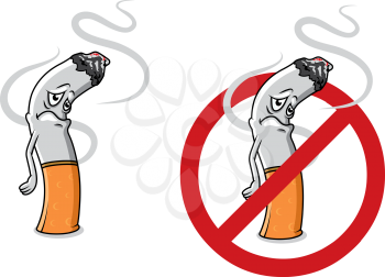 Cartoon sad cigarette butt character with fire, smoke and stop sign for health concept design