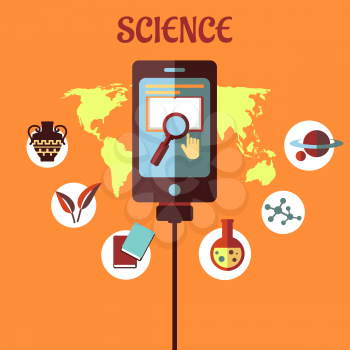 Science infographic with a central tablet showing a search icon over a global map surrounded by circular icons depicting history, biology, books, chemistry, physics and the planets