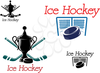 Green and black colored ice hockey team emblems with  puck, sticks, award, net and gate for sport design