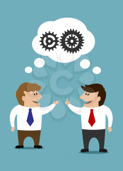 Communicating cartoon businessman holding in hands briefcase with speech bubbles and gears for business idea concept flat design