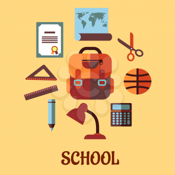 Infographics school education flat design with with diploma, world map, scissors, ruler, satchel, ball, pencil, lamp and calculator 