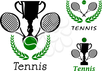 Tennis sporting emblems or logos set with ball, trophy cup, crossed rackets and laurel wreath isolated on white