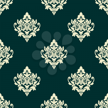 Light green floral seamless pattern in damask style on dark turquoise background for wallpaper, tile and fabric design