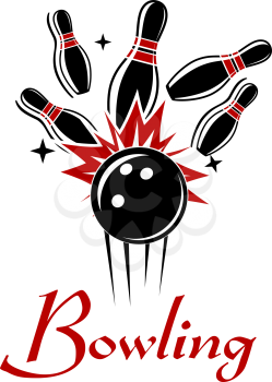 Expressive bowling emblem or logo with smashing ball and ninepins isolated on white colored background for sport or recreation design 