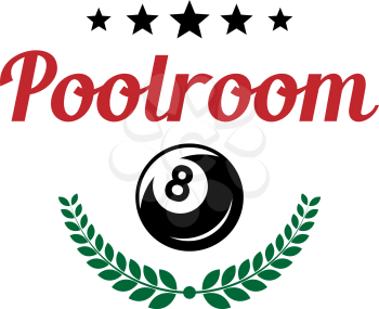 Poolroom and billiards retro emblem with a ball, stars and laurel wreath. For sport, recreation and logo design