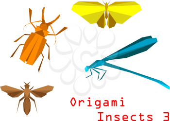 Origami paper insects with beetle, butterfly, bee, dragonfly isolated on white background