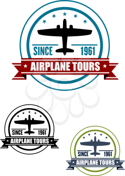 Airplane travel tours icon or emblem with airplane, stars, ribbon and  text, suitable for transportation and tourism design