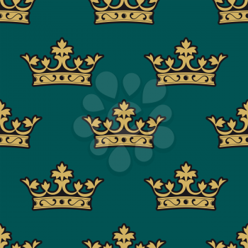 Ornate heraldic seamless pattern of royal crowns isolated gold and yellow colored over green background for wallpaper, tiles and fabric design