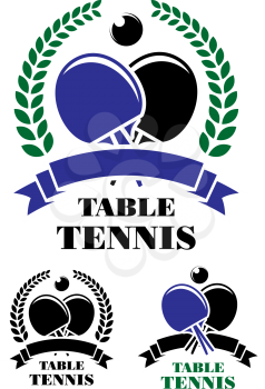Set of table tennis emblems with ping pong ball, racket, ribbon banners, rosettes and wreaths for sport design