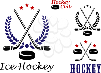 Ice hockey emblems and icons with puck, stars, stick and laurel wreath over text - Ice Hockey for sports design 