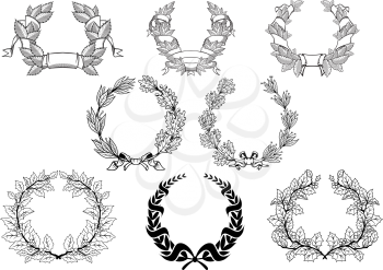 Retro wreath set with christmas, laurel, oak and platanoides in black color isolated on white background