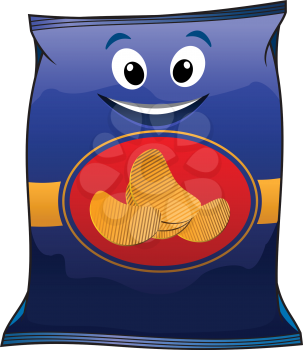 Potato chips packet cartoon character isolated on blue background for fast food design
