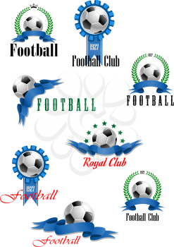 Large set of vector football emblems or badges with a black and white ball with ribbon banners, wreaths or rosettes and various text, vector illustration on white