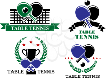Four Table Tennis emblems or badges with crossed bats and one with a net, one a trophy and wreath, one a ribbon banner and one stars and a wreath, all with text Table Tennis. Vector illustration