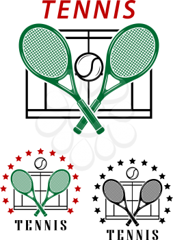 Big tennis emblems or badges with crossed rackets over a court with the text Tennis two designs surrounded by a circle of stars. Vector illustration