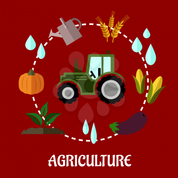 Agriculture flat infographic concept with cartoon tractor and a circle of various crops, water, tractor, farm and a watering can