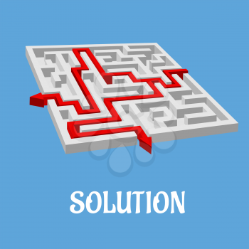 Labyrinth puzzle or maze with two solutions shown with red arrows, vector illustration on blue