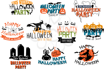 Set of vector Halloween party and Happy Halloween designs with various texts decorated with black cats, ghouls, ghosts, bats, witches, gravestones, jack-o-lantern pumpkins and spiders