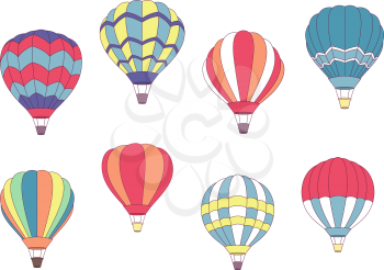 Set of colored hot air balloons with different patterns on the envelope, vector illustration on white
