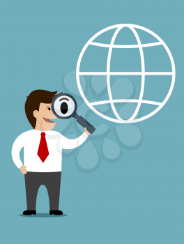 Cartoon businessman conducting a global search holding a magnifying glass to his eye with a globe icon behind, vector illustration