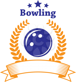 Retro bowling emblem or logo with ball, laurel wreath, banner and stars isolated on white background, for sport or leisure design 