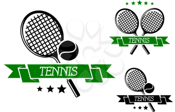 Big tennis sporting emblem with rackets, ball and green ribbon isolated on white, for sports club, tournament or logo design