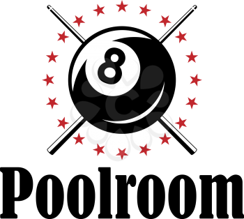Poolroom or billiards retro emblem with ball, stars and cues for sporting club or tournament design