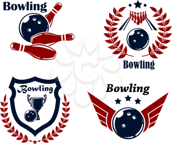 Bowling emblems or badges set with smashing ball, ninepins, laurel wreath, outspread wings, heraldic shield, trophy cup and stars