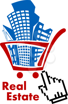 Shopping for real estate with a blue silhouette house, offce block and apartment block in a shopping cart with a hand cursor icon and the text Real Estate isolated on white