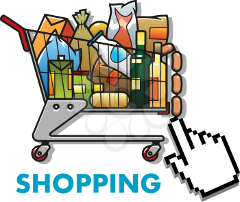Colorful  cartoon shopping cart or trolley full of groceries with a computer cursor hand and the word shopping below