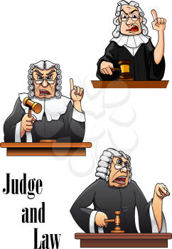 Cartoon judge characters with gavel hammer and wig. For law design