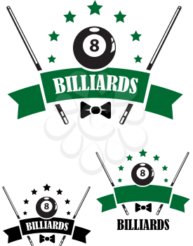 Retro style emblem of snooker and billiards with a ball, bow tie, stars and cues. For sporting  and logo design