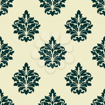 Seamless floral arabesque pattern in royal damask style motifs suitable for wallpaper, tiles and fabric design with dark green flowers on light green background