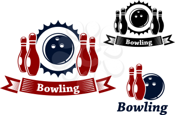 Bowling emblems and symbols set with ball and ninepins, suitable for sport and leisure design 