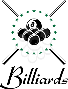 Billiards and snooker sports emblem with balls, cue , stars and text for sporting logo and leisure design