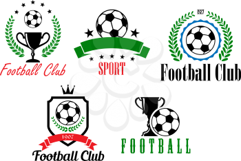 Football and soccer symbols or emblems with heraldic shield, ball, cup, laurel wreath, stars, banner  and text,  suitable for sporting logo and heraldic design