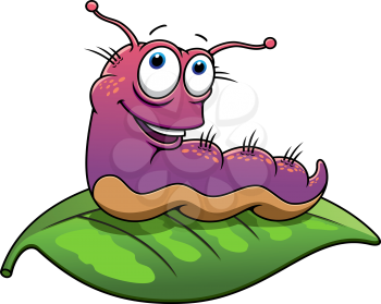 Cartoon slug or caterpillar on green leaf suitable for animal, kids illustration and mascot design
