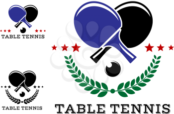 Set of table tennis emblems with ping pong ball, racket, ribbon banners, laurel wreaths isolated on white background. Suitable for sporting logo and recreation design