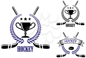 Ice hockey and winter sports symbols with puck, trophy prize cup, stars, stick, laurel wreath and text Hockey. Suitable for sporting logo and recreation design     