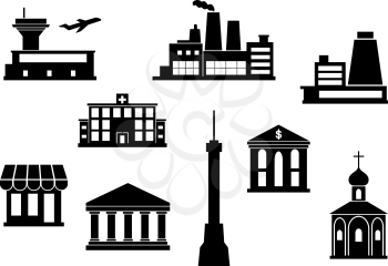 City building icons set  - airport, TV tower, plant, factory, temple, church, Bank, stall, theater for architectural, industrial and travel design. Flat style