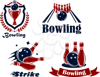 Bowling emblems or symbols showing bowling balls and ninepins, one in a shield with a wreath, and text Bowling or Strike in red and black in silhouette