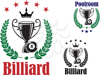 Billiard trophy cup emblem or symbol with ball and laurel wreath, for sport and leisure heraldry design